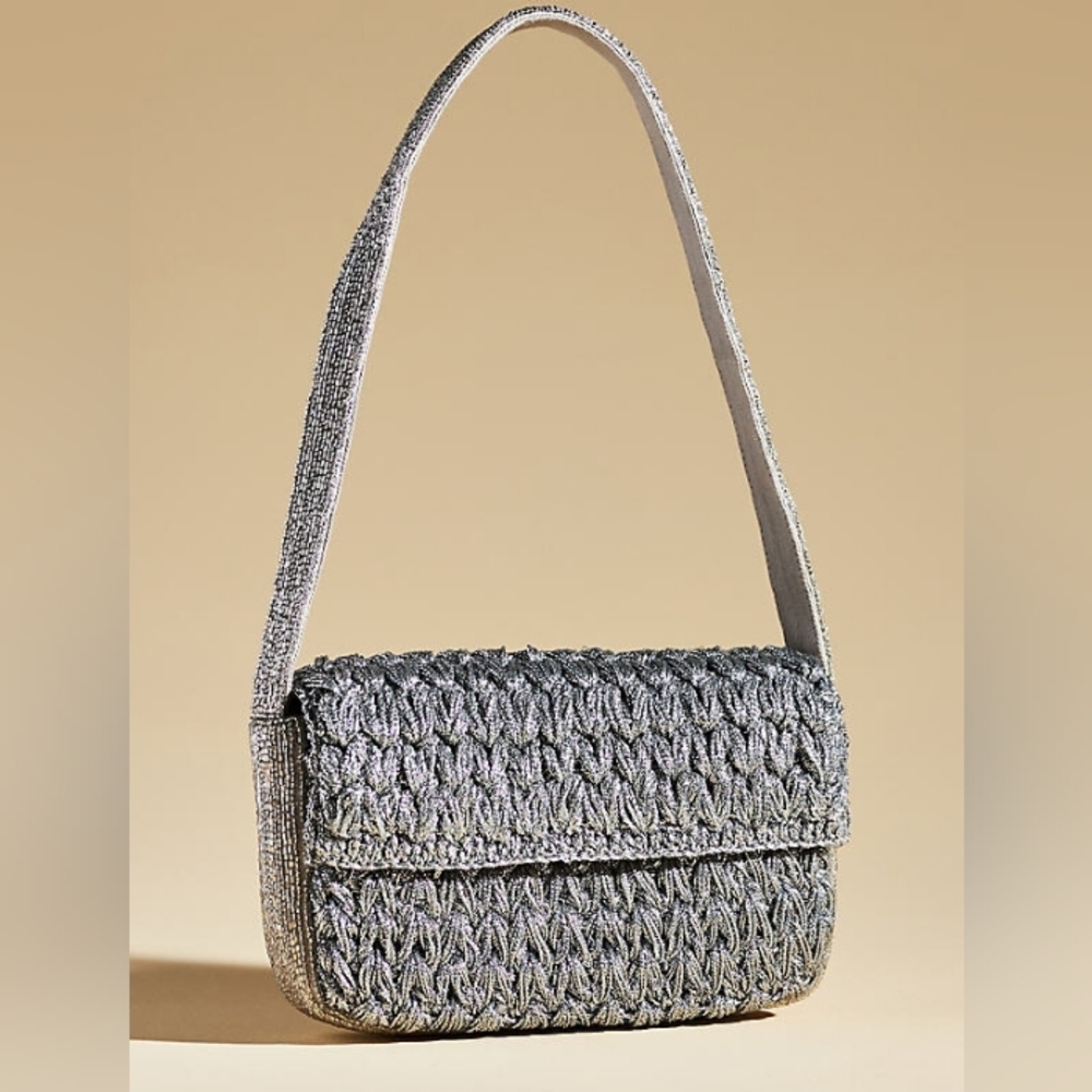NWT Anthro The Fiona Beaded Bag: Crochet Edition Pewter/Silver